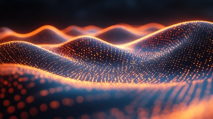 Abstract digital waves, glowing orange dots, dark background,  potential for data visualization