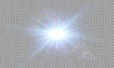 Blue Light Flare with Rays on Transparent Background. Glowing Star Effect PNG