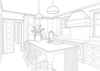Kitchen Interior Design Line Drawing, Architectural line drawing illustration of a modern kitchen interior featuring an island with seating, sink, faucet, range hood, cabinets, and windows. This 