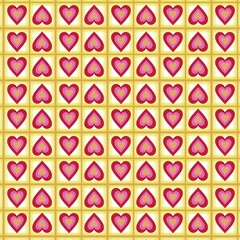 Repeating golden and pink heart design in a structured grid layout on yellow background.