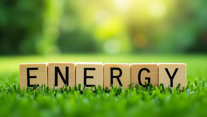 Vibrant Energy Word Blocks on Fresh Green Grass.