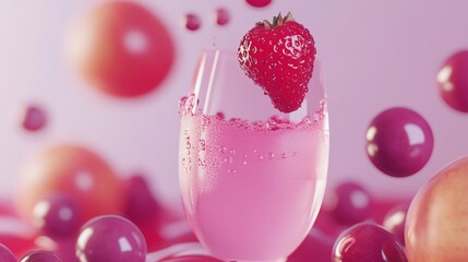 Pink cocktail with strawberry in glass splash party drink celebration refreshment festive mood creative light
