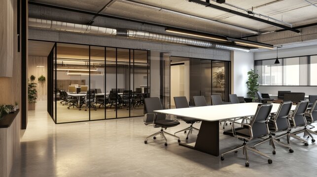 Modern corporate conference room interior with black ergonomic office chairs, large white meeting table, and minimal decor in a contemporary high-rise office space


