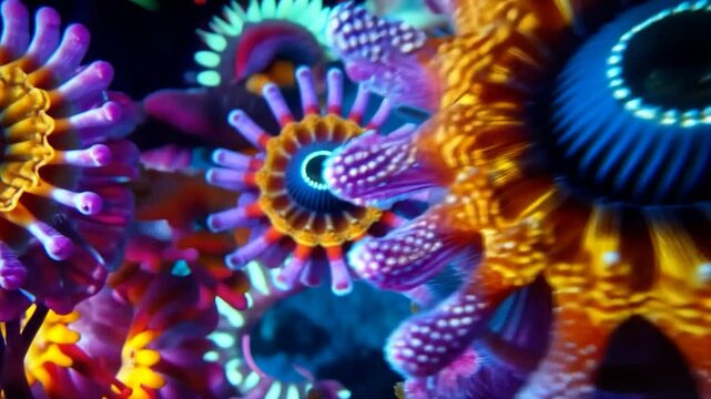 Vibrant, bioluminescent sea creatures with intricate, radiating patterns in purple, orange, and blue hues, creating a mesmerizing underwater scene