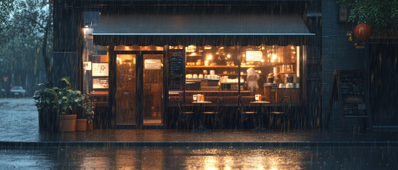 Urban coffee bliss cozy shop on a rainy day with gigapixel detail and inviting vibes