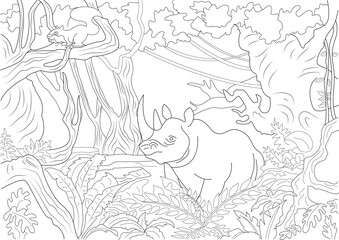 Rhino in Jungle Line Art Illustration for Coloring Book, Black and white line art illustration featuring a rhinoceros amidst dense jungle foliage with trees, vines, and ferns. A small animal, 