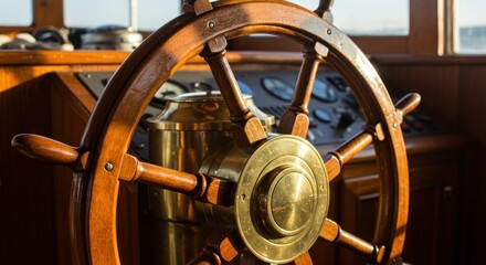 Classic wooden ship wheel close up