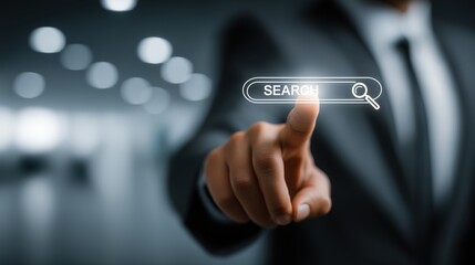 Digital Search Initiation: A businessperson's focused interaction with a virtual search interface, signifying the core of information retrieval in a professional digital setting.Ai Image