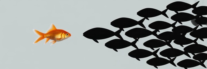 A solitary gold fish stands apart from a school of black fish.