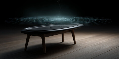  Coffee table radar field emits rings from AI environmental scanning.
