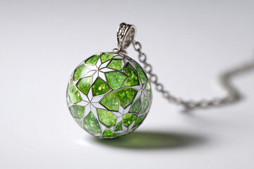 A photorealistic stained glass pendant with translucent green glass