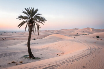 Solitary palm tree in pink desert dunes at sunset