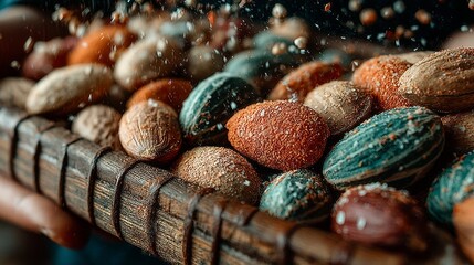 Obraz premium Assorted mixed nuts in basket close up rustic healthy snack protein natural food organic diet vegetarian lifestyle