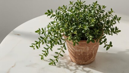 Fototapeta premium Potted thyme plant on white marble table