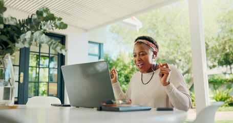 Remote work, laptop or black woman dance with earphones for good news, promotion email or success. Freelancer, journalist or music playlist for celebration or article publication award on home patio