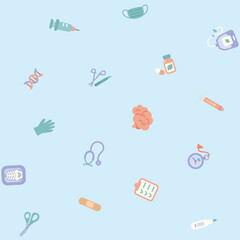 可愛くてシンプルな医療関係のアイコンのシームレスパターン／水色ベタ背景(Seamless Pattern of Cute and Simple Medical Icons on Solid Light Blue Background)