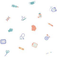 可愛くてシンプルな医療関係のアイコンのシームレスパターン／透明背景(Seamless Pattern of Cute and Simple Medical Icons on Transparent Background)