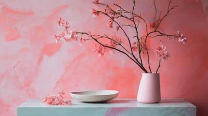 Minimalist pink room cherry blossom vase modern Japanese style home decor soft spring inspiration interior peaceful