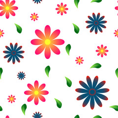 Seamless vector pattern. Flowers and leaves with gradient fill of red, blue and green colors on white background.