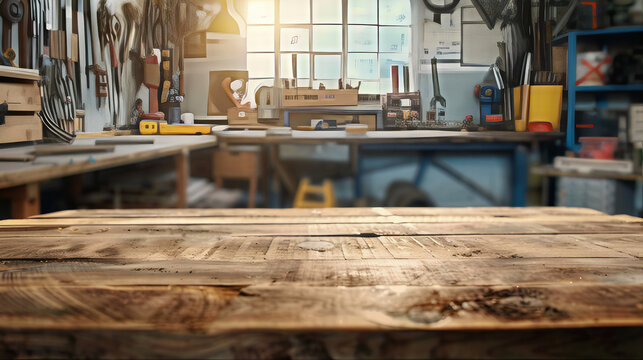 Workwork rustic carpenter countertop tabletop workshop with sunlit background. Steel shed top view interior. Empty wood table mockup. Vintage workshop with tools. Mechanical workbench, kitchen table 
