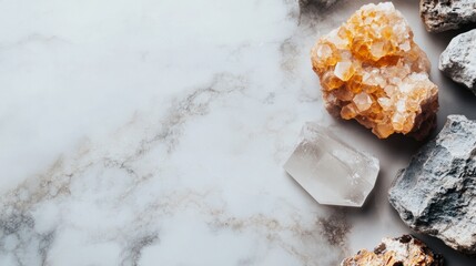Raw minerals and crystals on white marble surface natural stone healing energy luxury spa clean background geology decor