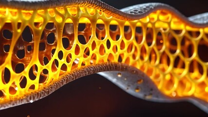 Glowing, intricate, amber lattice structure, resembling a bioluminescent organism or futuristic material - Powered by Adobe