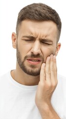 Obraz premium Bearded male experiencing intense dental pain, pressing hand against swollen cheek, wincing with closed eyes against white backdrop