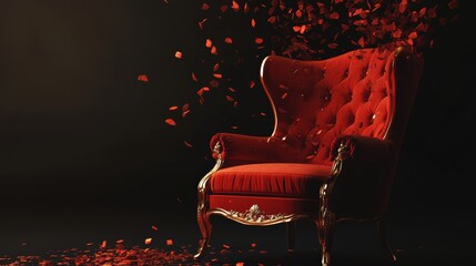 Red velvet armchair on dark stage with dramatic lighting theater interior retro luxury performance space elegant vintage