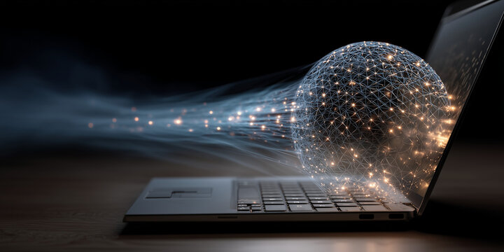  Laptop signals form a hovering icosphere showing neural node weights.
