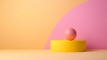 Minimal abstract pastel yellow pink background with round geometric pedestal ball trendy modern creative stage design clean