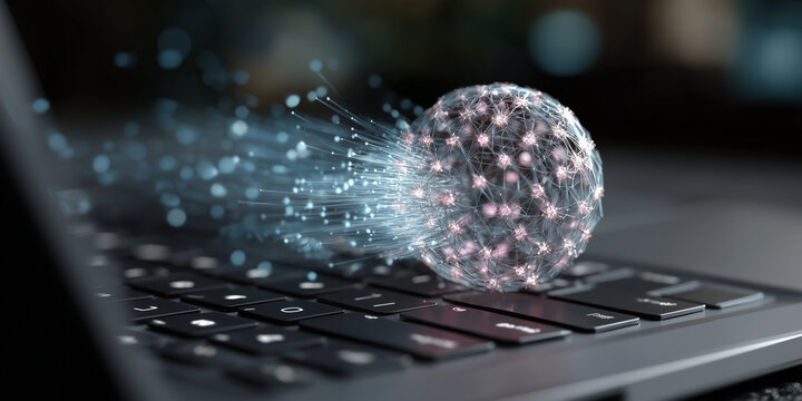  Laptop signals form a hovering icosphere showing neural node weights.
