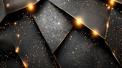 Abstract geometric black and gold background with glowing lights