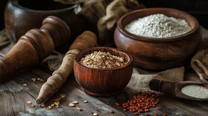 Variety of spices and grains in rustic bowls traditional culinary ingredients wooden table organic seasoning healthy cooking