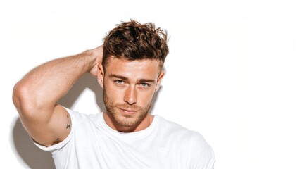 Fototapeta premium Confident young man with a striking tattoo, touching his tousled brown hair while posing against a clean white background, dressed in a casual white t shirt, radiating modern style