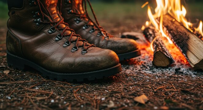Leather boots warming by campfire