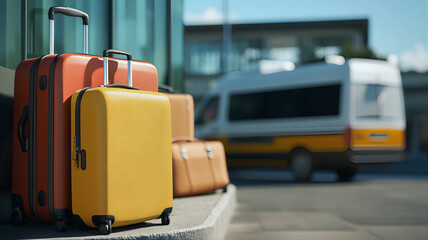 Luggage trolley in airport, airport shuttle service vacation, business trip. Baggage claim ticket travel bag. Packing car trip car back, suitcase with luggage