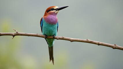 A Lilac-breasted roller perches on a branch, showcasing its vibrant blue and pink plumage.
