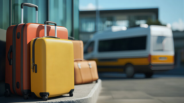 Luggage trolley in airport, airport shuttle service vacation, business trip. Baggage claim ticket travel bag. Packing car trip car back, suitcase with luggage - Powered by Adobe