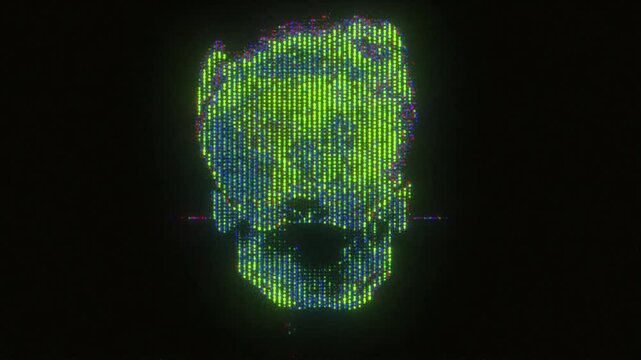 4K Digital skull glitch animation with pixel fragmentation, neon green-blue CRT distortion and chromatic flicker, screen mode, cyberpunk data breakdown and hacker interface aesthetic