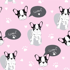 Vector seamless pattern with cute cartoon dog puppies. Can be used as a background, wallpaper, fabric and for other design.French Bulldog pattern