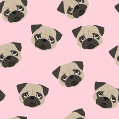 Seamless pattern with dog pug in the sunglasses. Background for textile, fabric, web, card, wrapping paper, girl and boy, teen and other design.