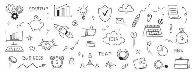 Set of hand drawn icons business and money. Vector illustration