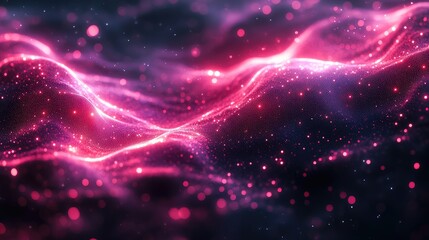 Abstract glowing pink waves, dark background, particle effect.  Possible use for digital art, design, technology