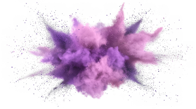 Purple smoke explosion effect isolated on transparent background for abstract design