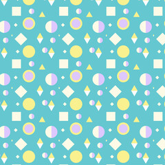Seamless Geometric Pattern with Yellow Circles, Purple Half-Circles, and Diamonds