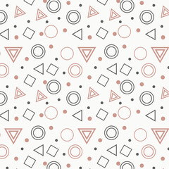 Seamless Geometric Repeat Pattern with Pink-Outlined Circles, Triangles, Squares, and Dots