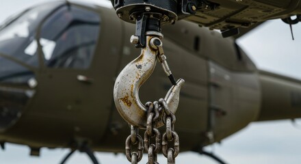 Metallic hook and chain attached to aircraft