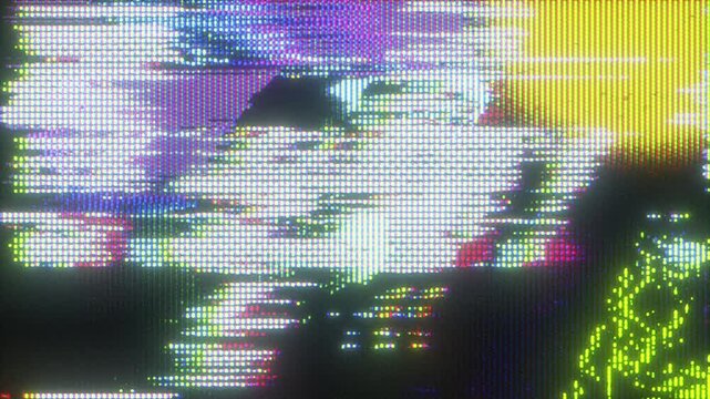 4K Glitch transition with horizontal pixel tearing, VHS-style CRT flicker, and vibrant chromatic distortion, seamless visual effect for motion graphics overlay, screen mode, retro digital loop