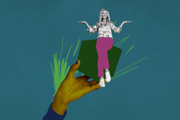 Art image creative photo collage of puzzled girl guy sit cube hand control master exploitation trap...