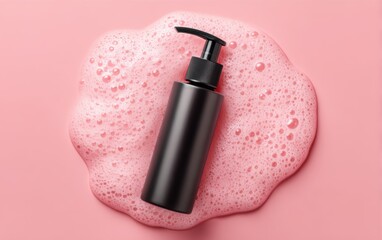 Elegant blush pink cosmetic pump surrounded by soft cleansing foam, perfect for beauty and wellness visuals.